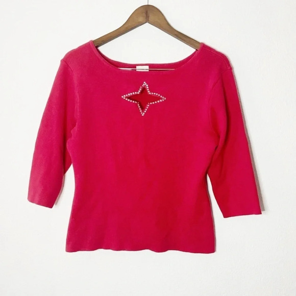 von saken Tops - Retro Cut Out Rhinestone Star Embellished Ribbed Top Cotton 3/4 Sleeve Large